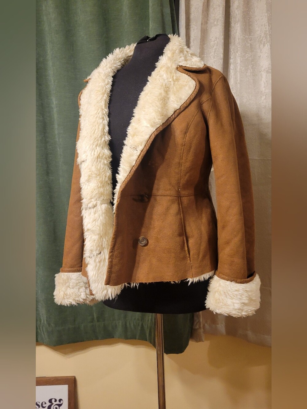 Women's Tan Faux-Suede Double-Breasted Shearling Jacket - Picture 3 of 11